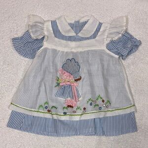 Vintage pinafore Blue White Striped short sleeve ruffle Easter dress 18m